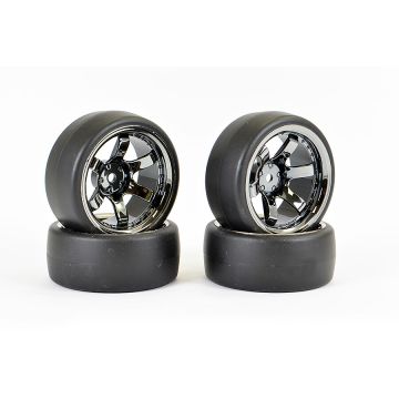 Fastrax 1:10 Drift D1 Tyre 9mm Off Set 6 Spoke Wheel Black Chrome (FAST1350BC-D19)