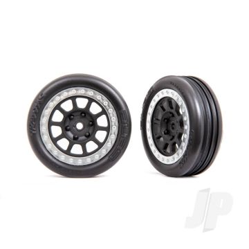 Traxxas Tyres & Wheels, Assembled (2.2' Graphite Gray, Satin Chrome Beadlock Wheels, Alias Ribbed 2.2' Tyres) (2) (Bandit Front, Medium Compound With Foam Inserts) (TRX2471G)