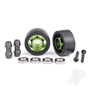Traxxas Wheels, Wheelie Bar, 6061-T6 Aluminium (Green-Anodised) (2)/ Axle, Wheelie Bar, 6061-T6 Aluminium (2)/ 10X15X4 Ball Bearings (4) (TRX7775G)