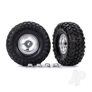 Traxxas Tyres & Wheels, Assembled, Glued (2.2In Satin Chrome Wheels, Canyon Trail 5.3 X 2.2In Tyres) (2)/ Center Caps (2) (Requires #8255A Extended Thread Stub Axle) (TRX8159)