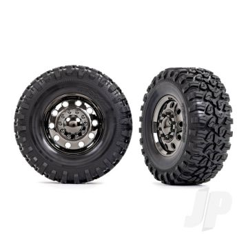 Traxxas Tyres And Wheels, Assembled, Glued (Trx-6 Big Rig 2.2In Black Chrome Wheels, Canyon Rt 4.6X2.2In Tyres, Foam Inserts) (Front) (2)/ Centre Caps (Black Chrome) (2) (TRX8854)
