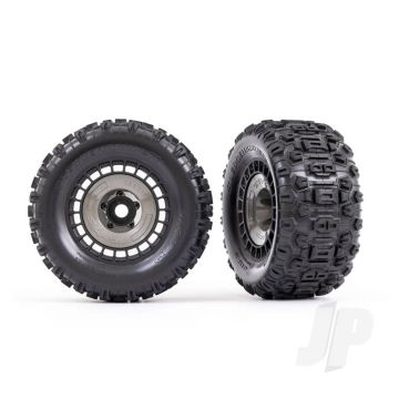 Traxxas Tyres And Wheels, Assembled, Glued (3.8In Black Wheels, Gray Wheel Covers, Sledgehammer Tyres, Foam Inserts) (2) (TRX9572)