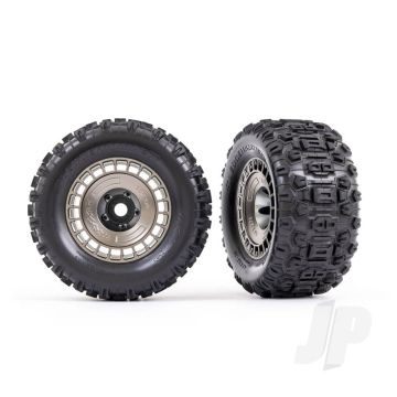 Traxxas Tyres And Wheels, Assembled, Glued (3.8In Satin Black Chrome Wheels, Satin Black Chrome Wheel Covers, Sledgehammer Tyres, Foam Inserts) (2) (TRX9572A)