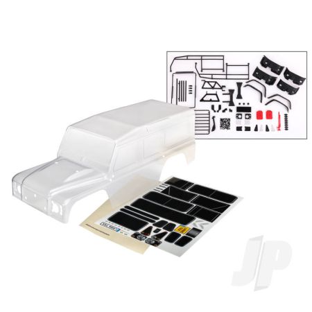 Traxxas Body, Land Rover Defender, Complete (Clear, Trimmed, Requires Painting) (Includes Grille, Side Mirrors, Door Handles, Windshield Wipers, Exocage, Spare Tire Mount, Decals, Window Masks) (TRX8011P)