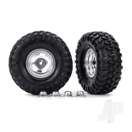 Traxxas Tyres & Wheels, Assembled, Glued (2.2In Satin Chrome Wheels, Canyon Trail 5.3 X 2.2In Tyres) (2)/ Center Caps (2) (Requires #8255A Extended Thread Stub Axle) (TRX8159)