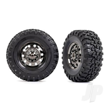 Traxxas Tyres And Wheels, Assembled, Glued (Trx-6 Big Rig 2.2In Black Chrome Wheels, Canyon Rt 4.6X2.2In Tyres, Foam Inserts) (Front) (2)/ Centre Caps (Black Chrome) (2) (TRX8854)
