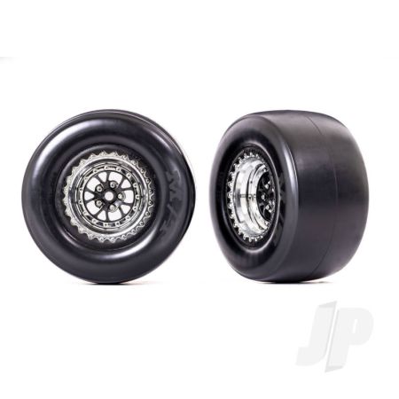 Traxxas Tyres & Wheels, Assembled, Glued (Weld Chrome With Black Wheels, Mickey Thompson Et Drag Slicks, Smoke, Foam Inserts) (Rear) (2) (TRX9477R)