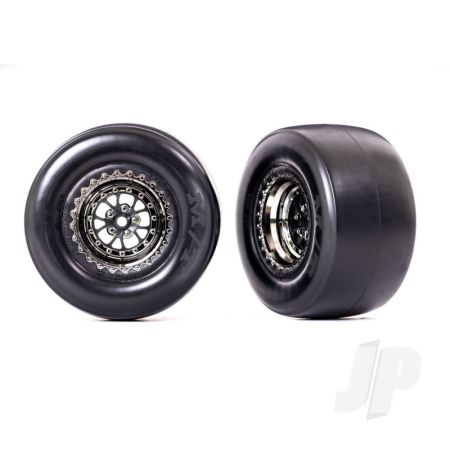 Traxxas Tyres & Wheels, Assembled, Glued (Weld Black Chrome Wheels, Mickey Thompson Et Drag Slicks, Smoke, Foam Inserts) (Rear) (2) (TRX9477X)