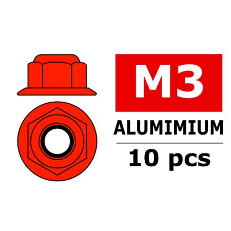 Corally Aluminium Nylstop Nut M3 Flanged Red 10 Pc (C-3107-30-5)